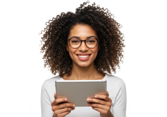 Smiling woman with glasses holding a tablet isolated on transparent background