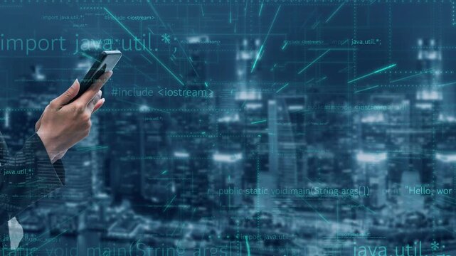 A businessman interacts with a smartphone in a modern urban setting, showcasing coding elements and data analysis, representing technology and innovation in daily life. Xenic - Powered by Adobe