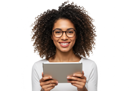 Smiling woman with glasses holding a tablet isolated on transparent background