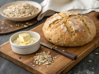 Fototapeta premium yummy baked bread with butter slices and knife on wooden cutting board