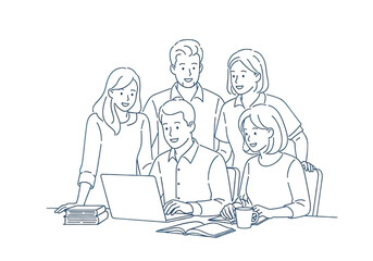 Group of professionals collaborating on laptop in office teamwork setting isolated on transparent background