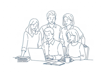 Group of professionals collaborating on laptop in office teamwork setting isolated on transparent background