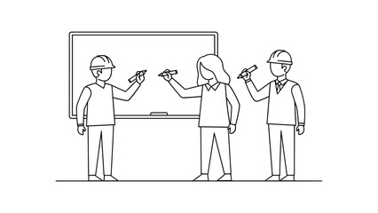 Team of engineers are planning and writing on a whiteboard