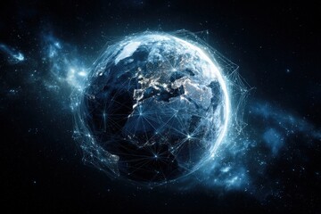 Obraz premium Global Connectivity: An illuminating image of Earth, encircled by an intricate network of interconnected nodes, symbolizes global communication and the seamless flow of data across continents.