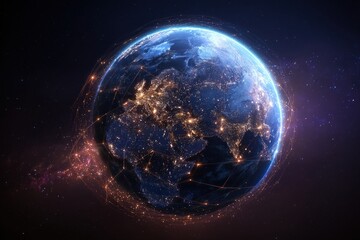 Obraz premium Global Connectivity: An illuminating image of Earth, encircled by an intricate network of interconnected nodes, symbolizes global communication and the seamless flow of data across continents.