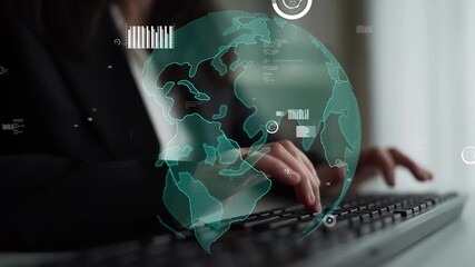 A businesswoman engages with digital technology, typing on a keyboard as a globe and data visuals showcase a vibrant world of connectivity and innovative potential. Xenic - Powered by Adobe