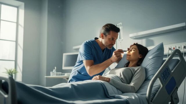 Doctor examining a patients eyes with a penlight in a hospital room