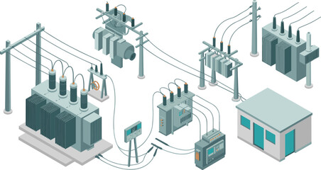 Isometric illustration of electrical power substation with transformers, high voltage lines, control room, and energy distribution infrastructure technology