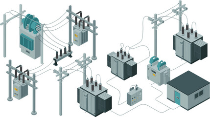 Isometric illustration of electrical power substation with transformers, high voltage lines, control room, and energy distribution infrastructure technology