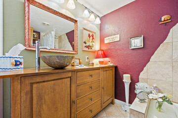 Elegant Rustic Bathroom with Wooden Vanity and Chic Decor