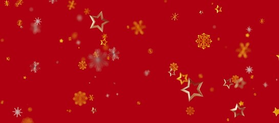 Christmas background with golden stars and snowflakes on red. Perfect for holiday greeting cards, winter designs and New Year celebrations. Fest