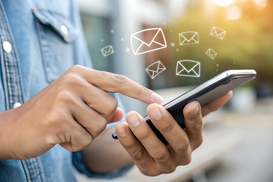 Person using a smartphone to send and receive email messages digitally - Powered by Adobe