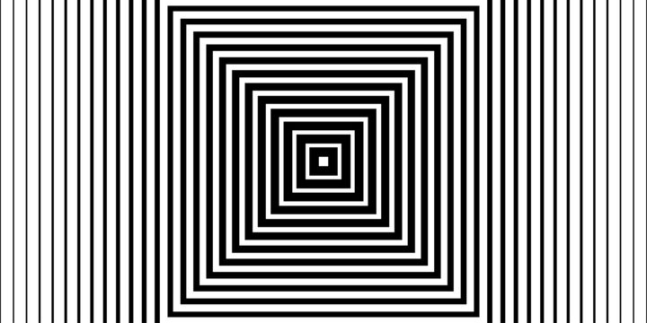 Minimal geometric optical illusion pattern with black concentric lines and abstract square design