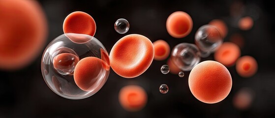 Red blood cells and bubbles floating in a dark background create a dynamic scene of life and movement in a microscopic view of the body