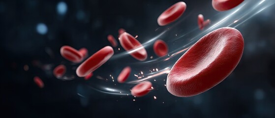 Red blood cells moving through blood vessels in a digital representation of human circulation system