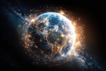 Global Connectivity: An illuminating image of Earth, encircled by an intricate network of interconnected nodes, symbolizes global communication and the seamless flow of data across continents.