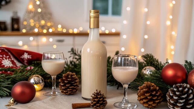 Cream liqueur holiday drink festive cozy winter glass bottle pine cinnamon coquito warms hearts soft light with ornament garland bokeh glow
