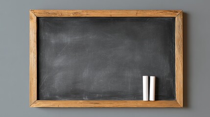 Empty Chalkboard with Wooden Frame and White Chalk Sticks on Gray Wall in a Classroom Environment