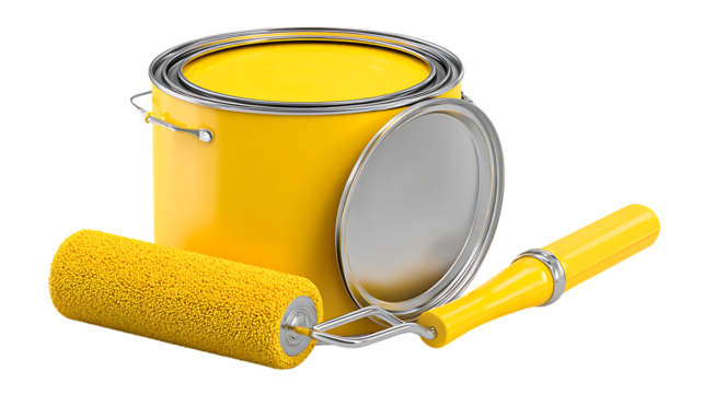yellow paint roller and bucket