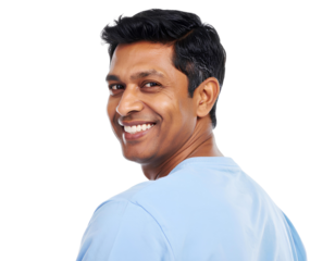 Happy smiling Asian man profile portrait, side view, isolated on transparent background.
