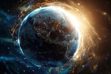 Obraz premium Celestial Orb: Witness the awe-inspiring image of our planet, Earth, suspended in the vast expanse of space, surrounded by celestial energy and light, with continents gently illuminated.