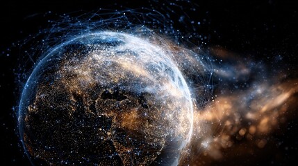 Obraz premium Digital Universe: A captivating digital depiction of Earth interwoven with a complex web of interconnected data streams, evoking the themes of global connection and technological evolution. 