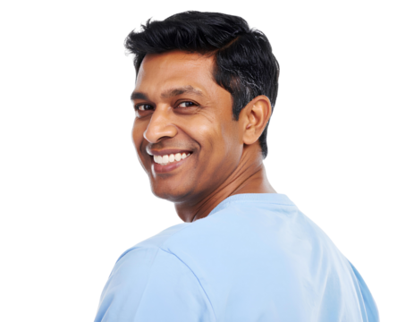 Happy smiling Asian man profile portrait, side view, isolated on transparent background.