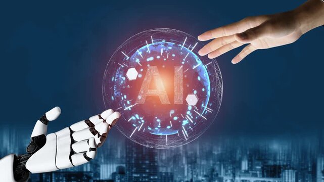 Futuristic robot artificial intelligence revolutionary AI technology development and machine learning concept. Global robotic quantum science research for future of human life. 3D rendering graphic.