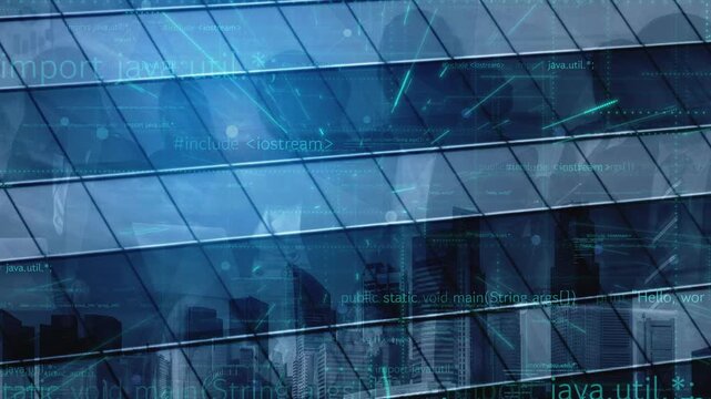 Captivating image of a modern city skyline reflected in glass architecture with digital coding overlays, representing the intersection of urban life and technology. Xenic