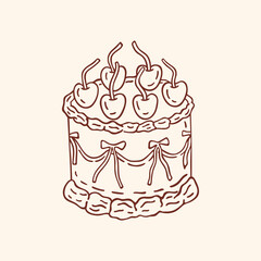 Vintage cake with cherries. Hand drawn illustration. Vector.