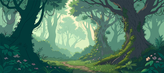 Enchanted Spring Forest Scene, Lush Fairy Tale Atmosphere