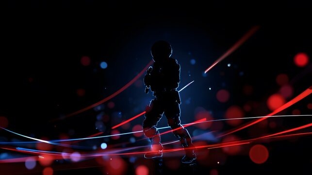 Futuristic soldier silhouette radiates power against a neon black digital energyscape - Powered by Adobe