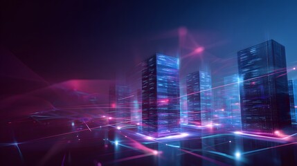 Futuristic data center illustration shows glowing server networks a modern digital infrastructure concept