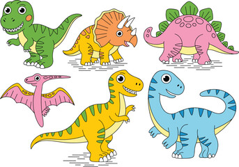 Cute cartoon dinosaurs collection with T-Rex, triceratops, stegosaurus, pterodactyl and brontosaurus, colorful prehistoric animals illustration for kids education © Vactor Creatives