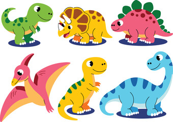 Cute cartoon dinosaurs collection with T-Rex, triceratops, stegosaurus, pterodactyl and brontosaurus, colorful prehistoric animals illustration for kids education