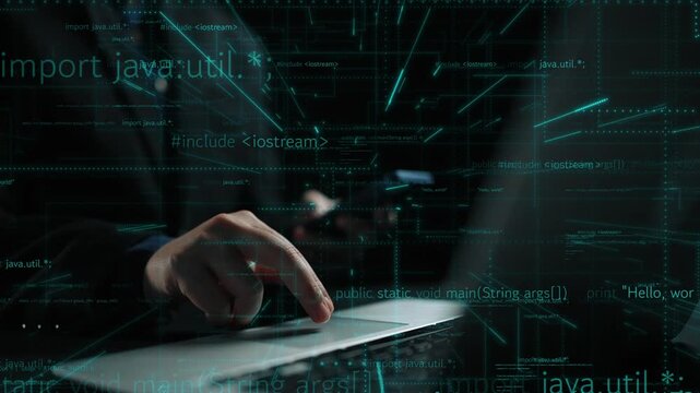 A focused software engineer types on a laptop with program code glowing on the screen, representing a cutting-edge digital environment and innovative technology. Xenic