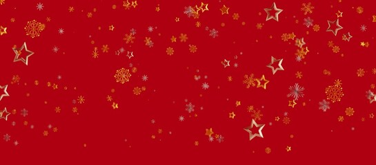 Christmas background features gold stars and snowflakes on a vibrant red backdrop perfect for holiday design and celebrations. Ideal for festive