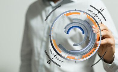 Person interacting with abstract digital technology concept futuristic interface. Innovation, data, connection, and progress concept.