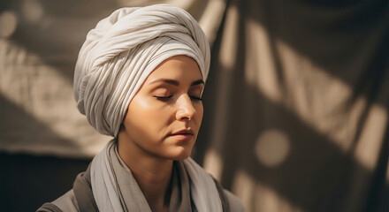 Portrait of a woman with eyes closed wearing a white turban in a meditative or contemplative state