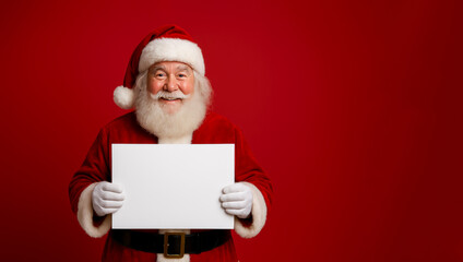 Cheerful santa claus holding blank paper board against bright red christmas background. Santa claus in red suit holding empty paper signboard on red christmas background