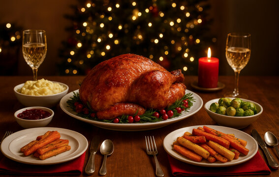 Delicious Christmas dinner served on festive table against blurred christmas themed background with warm holiday lights