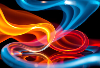Abstract blue and orange light swirls on a reflective black surface