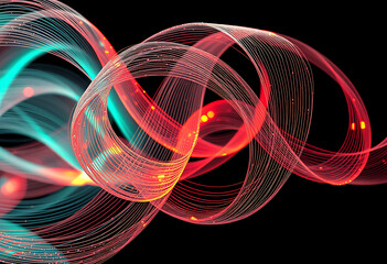 Abstract red and blue light trails intertwine against a black backdrop