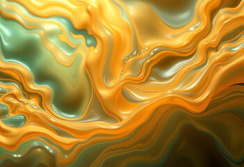 Abstract background with golden fluid acrylic paint texture with green accents