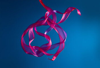 Elegant pink ribbon gracefully dances against a deep blue background