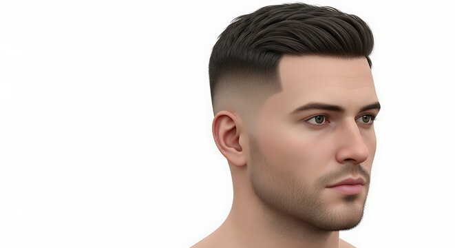 Close up of a man with a fade haircut looking to the right on a white background in a studio shot