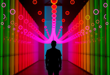 Man standing in a colorful tunnel with neon lights and geometric shapes