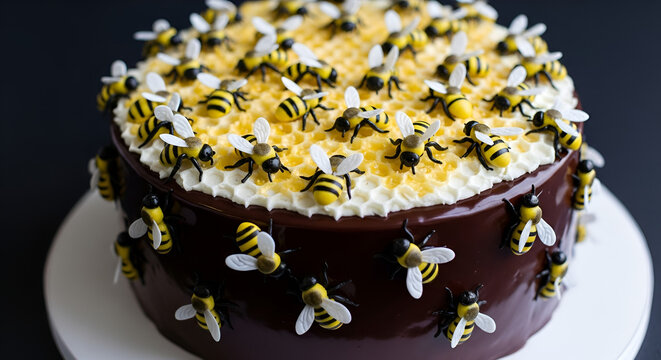 Dolce 3D, Insetti cucinati, Api, Torta panna cioccolato tridimensionale, Cibo. Torta doppio gusto cioccolata e panna alle Api. Generative AI