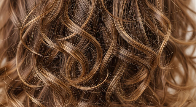 Close up view of curly brown hair with blonde highlights creating a textured background image effect