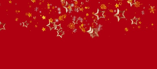 Festive Christmas holiday background with gold stars, snowflakes, and red background. Perfect for...